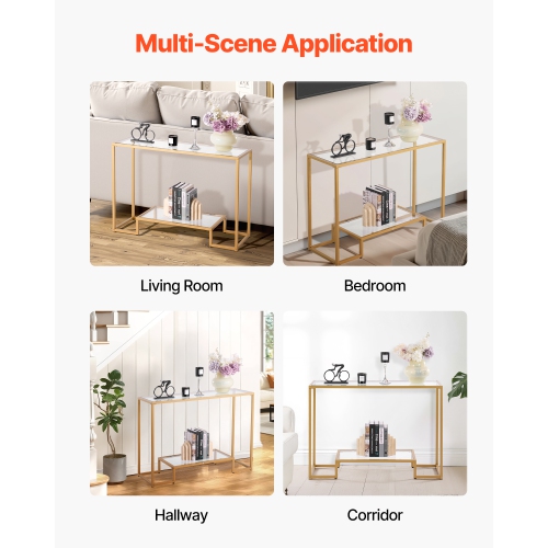 Console en verre à 2 niveaux VEVOR, table d'appoint rectangulaire moderne avec dessus en verre trempé et pattes en fer, bureau en nid d'or avec