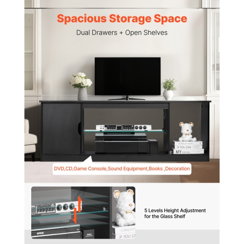 VEVOR TV Stand for TVs up to 65 inch, Modern Entertainment Center with Light Strip, Wooden TV Cabinet Storage with Glass Shelf and Adjustable