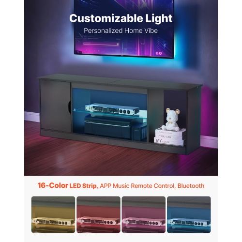 VEVOR TV Stand for TVs up to 65 inch, Modern Entertainment Center with Light Strip, Wooden TV Cabinet Storage with Glass Shelf and Adjustable