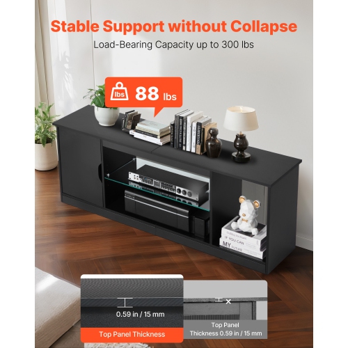 VEVOR TV Stand for TVs up to 65 inch, Modern Entertainment Center with Light Strip, Wooden TV Cabinet Storage with Glass Shelf and Adjustable