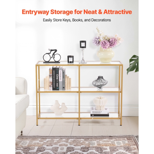 Console en verre à 3 niveaux VEVOR, table d'appoint rectangulaire moderne avec dessus en verre trempé et pattes en fer, bureau en nid d'or avec