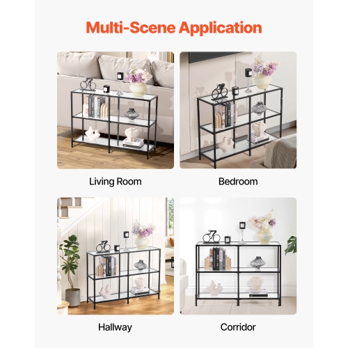 Console en verre à 3 niveaux VEVOR, table d'appoint rectangulaire moderne avec dessus en verre trempé et pattes en fer, bureau en nid d'or avec