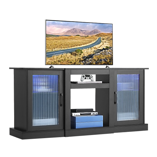 VEVOR TV Stand for TVs up to 65 inch, Modern Entertainment Center with Light Strip, Wooden TV Cabinet Storage with Glass Doors and Adjustable