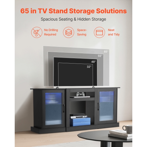 VEVOR TV Stand for TVs up to 65 inch, Modern Entertainment Center with Light Strip, Wooden TV Cabinet Storage with Glass Doors and Adjustable
