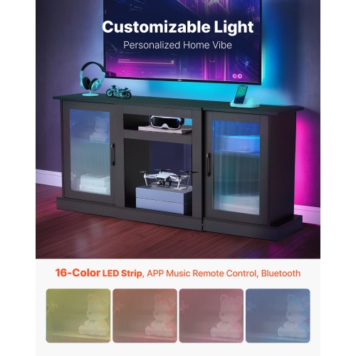 VEVOR TV Stand for TVs up to 65 inch, Modern Entertainment Center with Light Strip, Wooden TV Cabinet Storage with Glass Doors and Adjustable