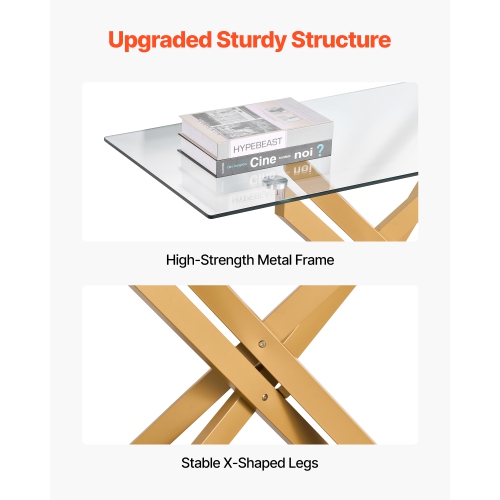 Table basse en verre VEVOR, table d'appoint rectangulaire moderne avec dessus en verre trempé et pattes croisées en fer, bureau géométrique doré avec