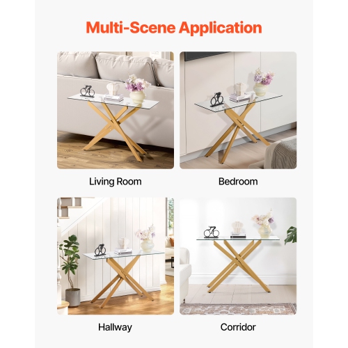 Table basse en verre VEVOR, table d'appoint rectangulaire moderne avec dessus en verre trempé et pattes croisées en fer, bureau géométrique doré avec