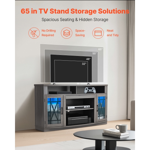 VEVOR TV Stand for TVs up to 65 inch, Farmhouse Entertainment Center with Light Strip, Wooden TV Cabinet Storage with Glass Doors and Adjustable