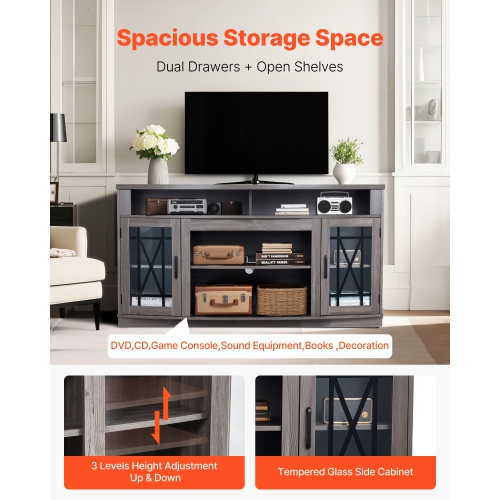 VEVOR TV Stand for TVs up to 65 inch, Farmhouse Entertainment Center with Light Strip, Wooden TV Cabinet Storage with Glass Doors and Adjustable