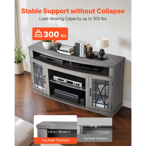 VEVOR TV Stand for TVs up to 65 inch, Farmhouse Entertainment Center with Light Strip, Wooden TV Cabinet Storage with Glass Doors and Adjustable