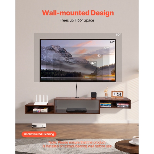 VEVOR 70" Floating TV Stand, Wall Mount Entertainment Center with Power Outlet & Cable Hole, Modern Floating TV Shelf with Storage Cabinet for DVD