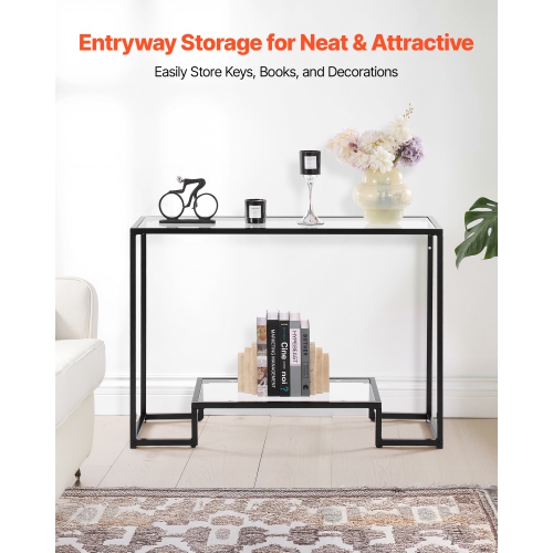 Console en verre à 2 niveaux VEVOR, table d'appoint rectangulaire moderne avec dessus en verre trempé et pattes en fer, bureau en nid d'or avec