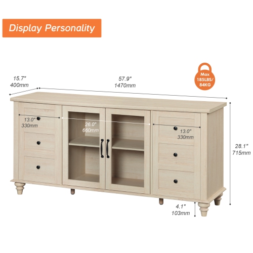 WAMPAT Sideboard Buffet Cabinets with Glass Door, Kitchen Storage Cabinets, Wood Coffee Bar Tables, Accent Sideboard Storage Cabinet Table Dining