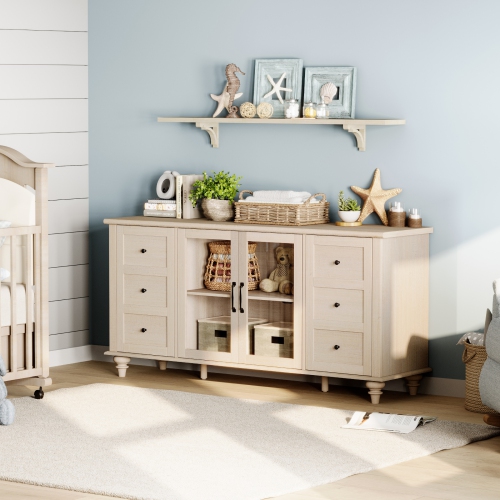 WAMPAT Sideboard Buffet Cabinets with Glass Door, Kitchen Storage Cabinets, Wood Coffee Bar Tables, Accent Sideboard Storage Cabinet Table Dining