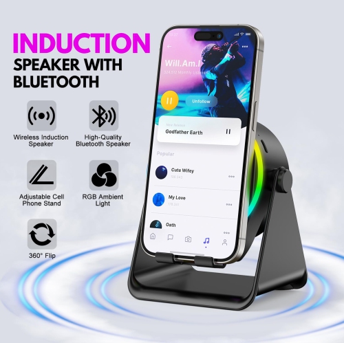 Wireless Induction Speaker, Multi-Functional Bluetooth Speake with Phone Stand & RGB Light, Compatible with iPhone Android iPad, Birthday Gifts