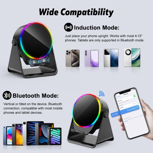 Wireless Induction Speaker, Multi-Functional Bluetooth Speake with Phone Stand & RGB Light, Compatible with iPhone Android iPad, Birthday Gifts