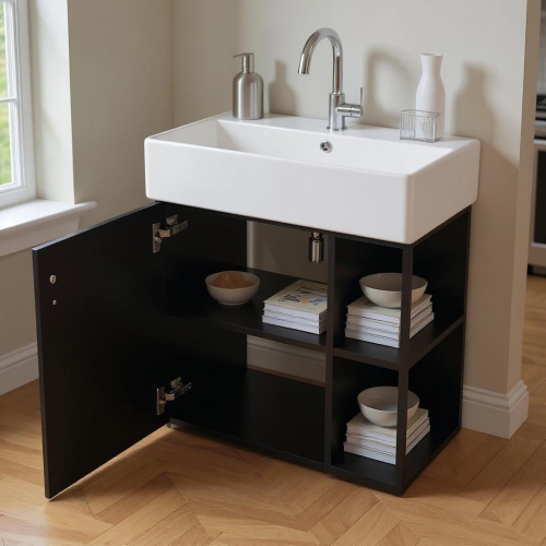 HOMY CASA  30 In Midnight Kitchen Sideboard With Ceramic Sink And Storage In Black