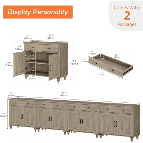 Meuble pour téléviseur 85&nbsp;po TV avec 8 portes et 4 tiroirs, meuble de divertissement gris pour le salon et la chambre à coucher de WAMPAT