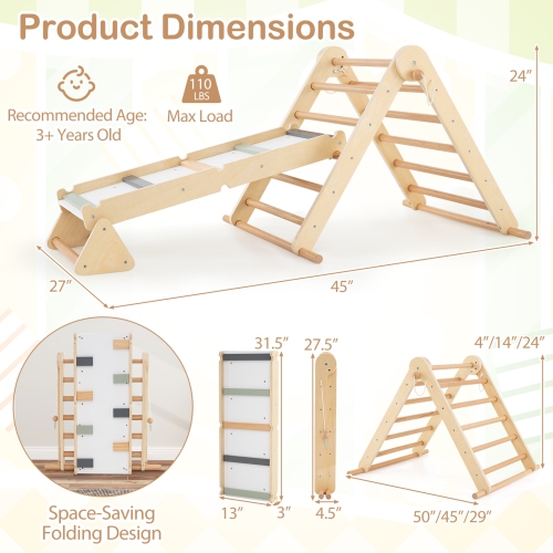 Gymax 3-in-1 Pikler Triangle Climbing Set Kids Montessori Climbing Toys Wooden Climber