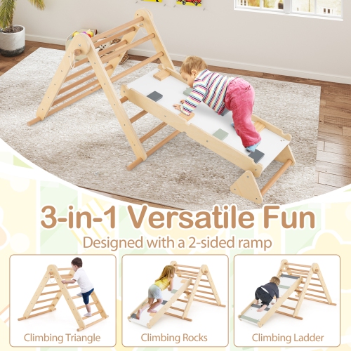 Gymax 3-in-1 Pikler Triangle Climbing Set Kids Montessori Climbing Toys Wooden Climber