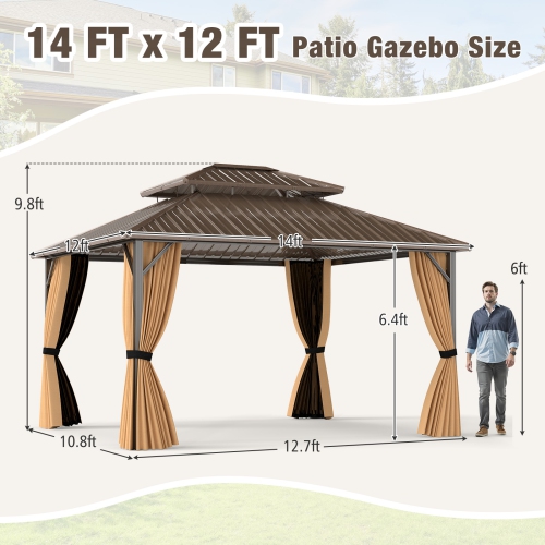 Gymax 14 x 12 FT Hardtop Gazebo w/ Netting Heavy-Duty Double-Roof Galvanized Metal Top