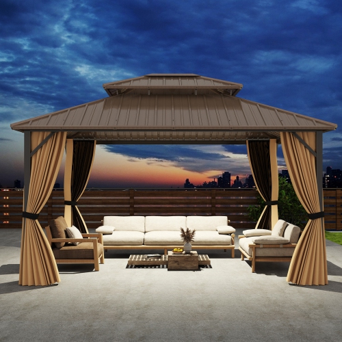 Gymax 14 x 12 FT Hardtop Gazebo w/ Netting Heavy-Duty Double-Roof Galvanized Metal Top