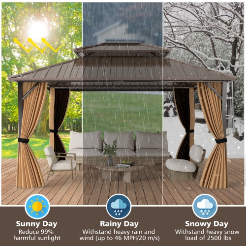 Gymax 14 x 12 FT Hardtop Gazebo w/ Netting Heavy-Duty Double-Roof Galvanized Metal Top