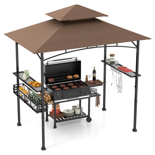 Gymax 8 x 5 FT BBQ Grill Gazebo w/ 2 Side Shelves Storage Basket Hanging Hooks Outdoor