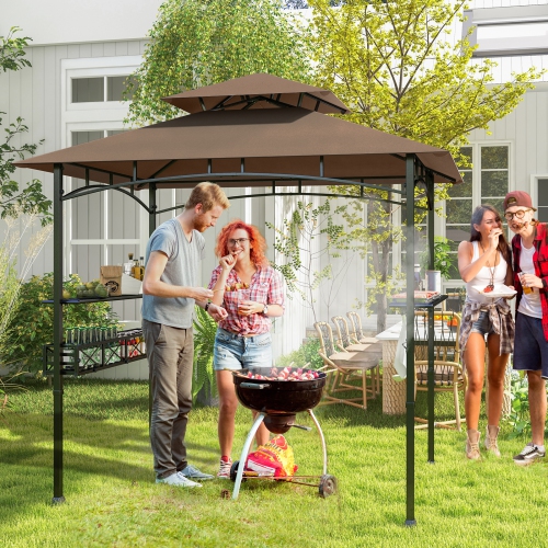 Gymax 8 x 5 FT BBQ Grill Gazebo w/ 2 Side Shelves Storage Basket Hanging Hooks Outdoor