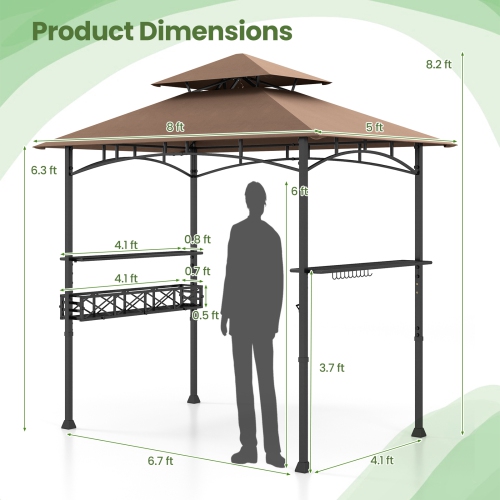 Gymax 8 x 5 FT BBQ Grill Gazebo w/ 2 Side Shelves Storage Basket Hanging Hooks Outdoor