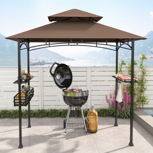 Gymax 8 x 5 FT BBQ Grill Gazebo w/ 2 Side Shelves Storage Basket Hanging Hooks Outdoor