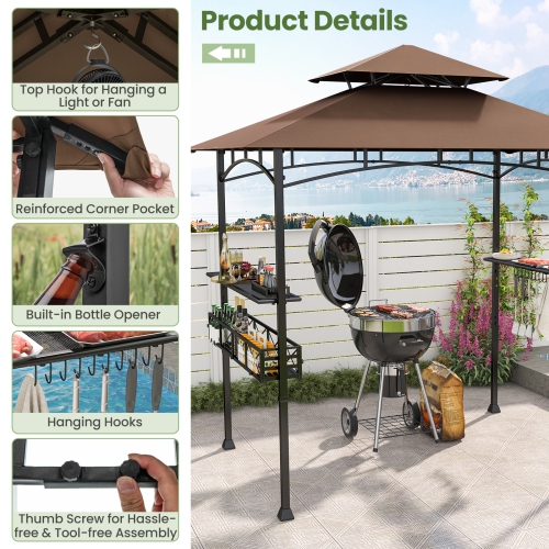 Gymax 8 x 5 FT BBQ Grill Gazebo w/ 2 Side Shelves Storage Basket Hanging Hooks Outdoor