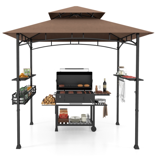 Gymax 8 x 5 FT BBQ Grill Gazebo w/ 2 Side Shelves Storage Basket Hanging Hooks Outdoor