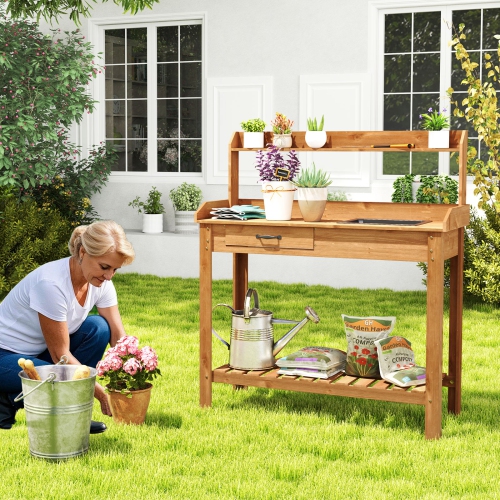 Gymax Potting Bench Outdoor Wooden Garden Table Work Station Solid Gardening Table