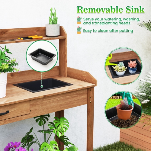 Gymax Potting Bench Outdoor Wooden Garden Table Work Station Solid Gardening Table