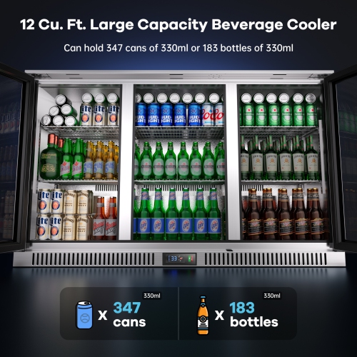 Coolski Commercial Beverage Refrigerator with 3 Glass Doors, Under Counter Back Bar Cooler for Beer Soda Wine, Stainless Steel LED Lighting ETL NSF