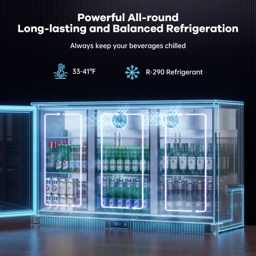 Coolski Commercial Beverage Refrigerator with 3 Glass Doors, Under Counter Back Bar Cooler for Beer Soda Wine, Stainless Steel LED Lighting ETL NSF