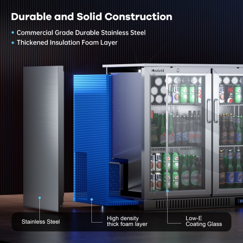 Coolski Commercial Beverage Refrigerator with 3 Glass Doors, Under Counter Back Bar Cooler for Beer Soda Wine, Stainless Steel LED Lighting ETL NSF