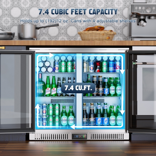 Coolski Commercial Beverage Cooler with Glass Doors, Under Counter Back Bar Cooler for Beer Soda Wine, LED Lighting ETL NSF Approved