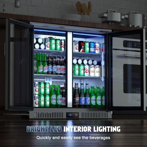 Coolski Commercial Beverage Cooler with Glass Doors, Under Counter Back Bar Cooler for Beer Soda Wine, LED Lighting ETL NSF Approved