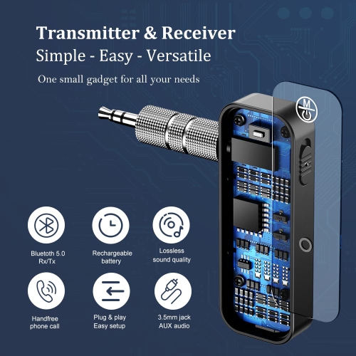 Car Bluetooth Receiver and Transmitter, Portable Bluetooth Audio Receiver with 3.5mm Jack for TV and Speakers