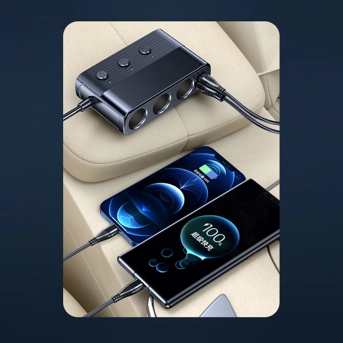 Allume-cigare d'auto 3-en-1 avec ports USB 3,0 et PD, répartiteur d'alimentation 128&nbsp;W 12–24&nbsp;V avec affichage de tension et commutateur