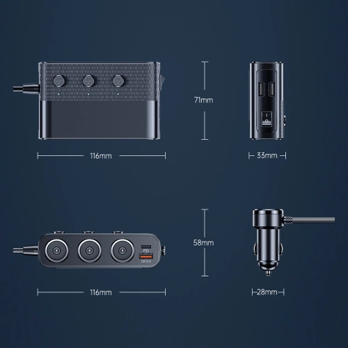 Allume-cigare d'auto 3-en-1 avec ports USB 3,0 et PD, répartiteur d'alimentation 128&nbsp;W 12–24&nbsp;V avec affichage de tension et commutateur