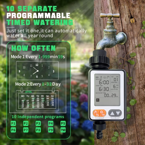 Garden Hose Sprinkler Timer with 10 Programmable Timer Settings, Smart Large Screen Drip Irrigation System Timer for Garden, Lawn, and Outdoor