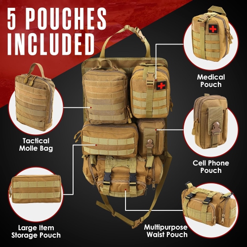 Tactical Seat Back Storage Bag, Car Backseat Storage Bag, Behind the Rear Seat, 21" x 14.5" Backseat, 5 Small Pockets - Khaki
