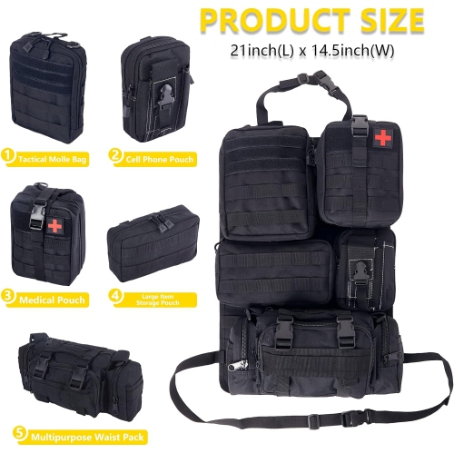 Tactical Seat Back Storage Bag, Car Backseat Storage Bag, Behind the Rear Seat, 21" x 14.5" Backseat, 5 Small Pockets - Black