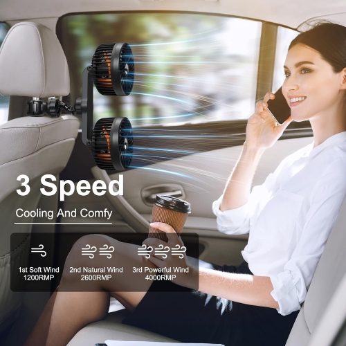 12v/24v Cigarette Lighter Car Fan, Powerful 3-Speed Quiet Rotatable Portable Clip-On Car Seat Fan for Pickup Trucks, Vans, Golf Carts - with 2 USB