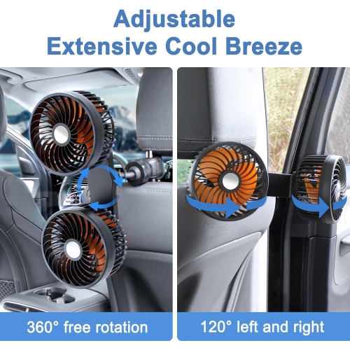 12v/24v Cigarette Lighter Car Fan, Powerful 3-Speed Quiet Rotatable Portable Clip-On Car Seat Fan for Pickup Trucks, Vans, Golf Carts - with 2 USB