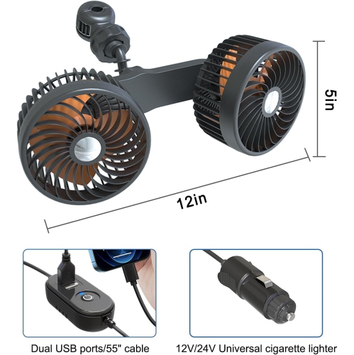 12v/24v Cigarette Lighter Car Fan, Powerful 3-Speed Quiet Rotatable Portable Clip-On Car Seat Fan for Pickup Trucks, Vans, Golf Carts - with 2 USB