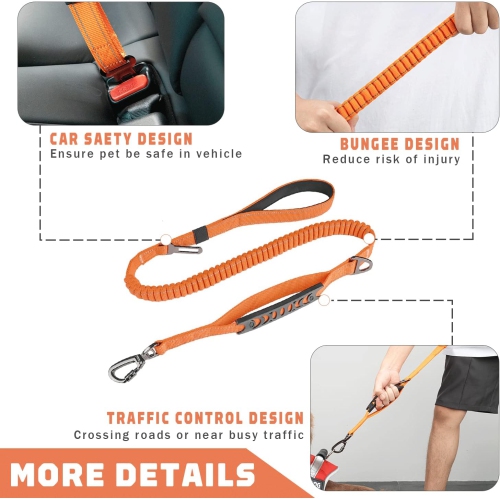 Pet Leash- Elastic Shock Absorption, Car Seat Belt Clip and Highly Reflective Thread, Double Safety Lock, 1.16-1.65M，Suitable for Medium Dogs,
